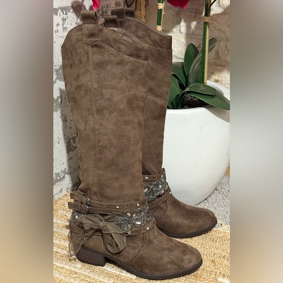 Not Rated Brown Over the Knee Boots with Embellished Straps - Picture 1 of 10